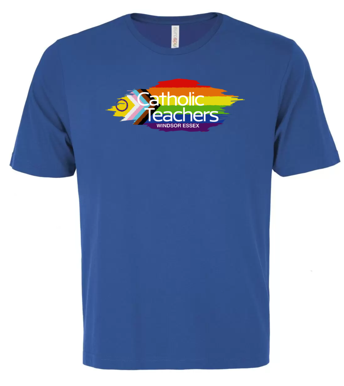 Blue t-shirt with a colorful logo and text on a white background