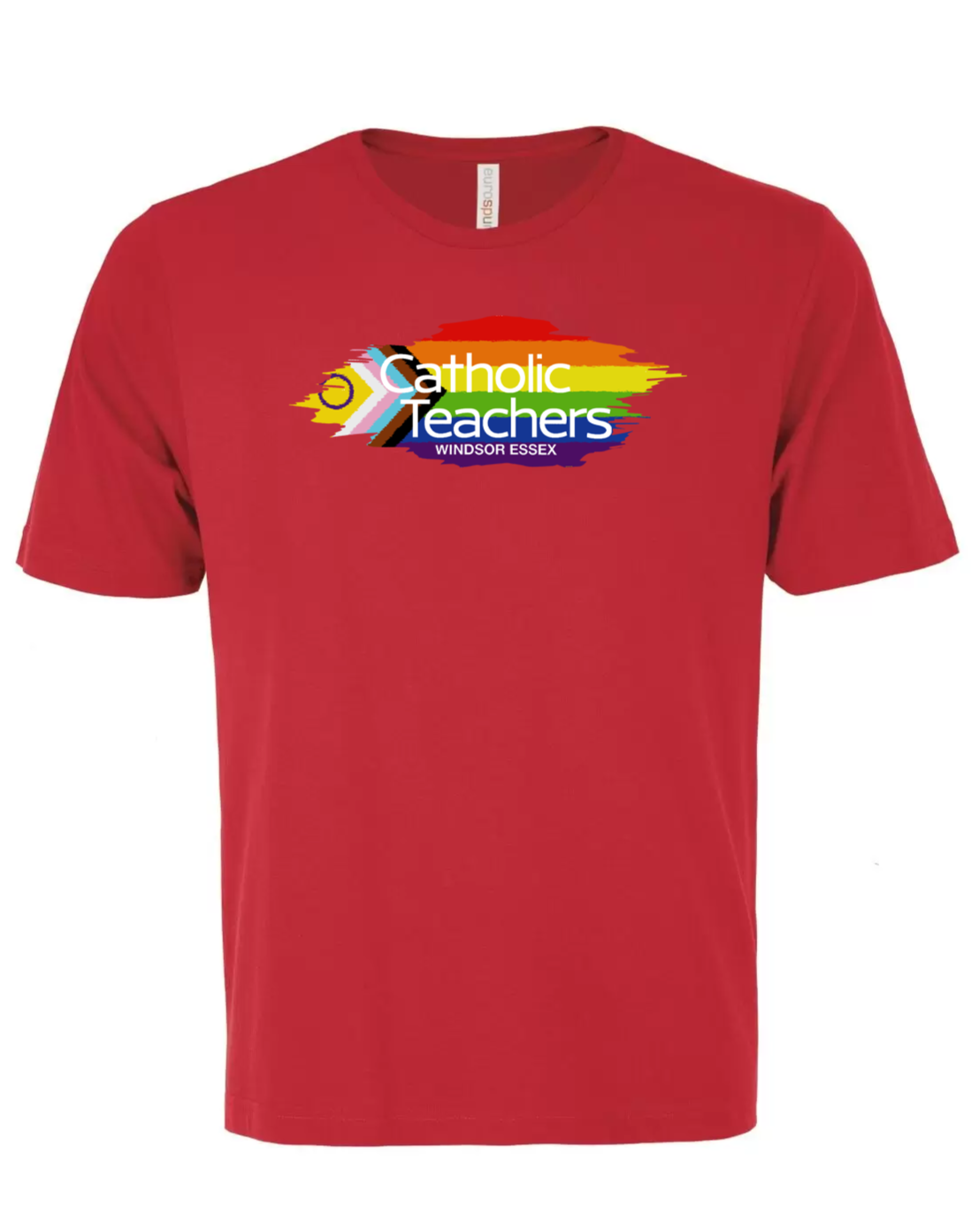 Red t-shirt with a colorful logo and text on a white background