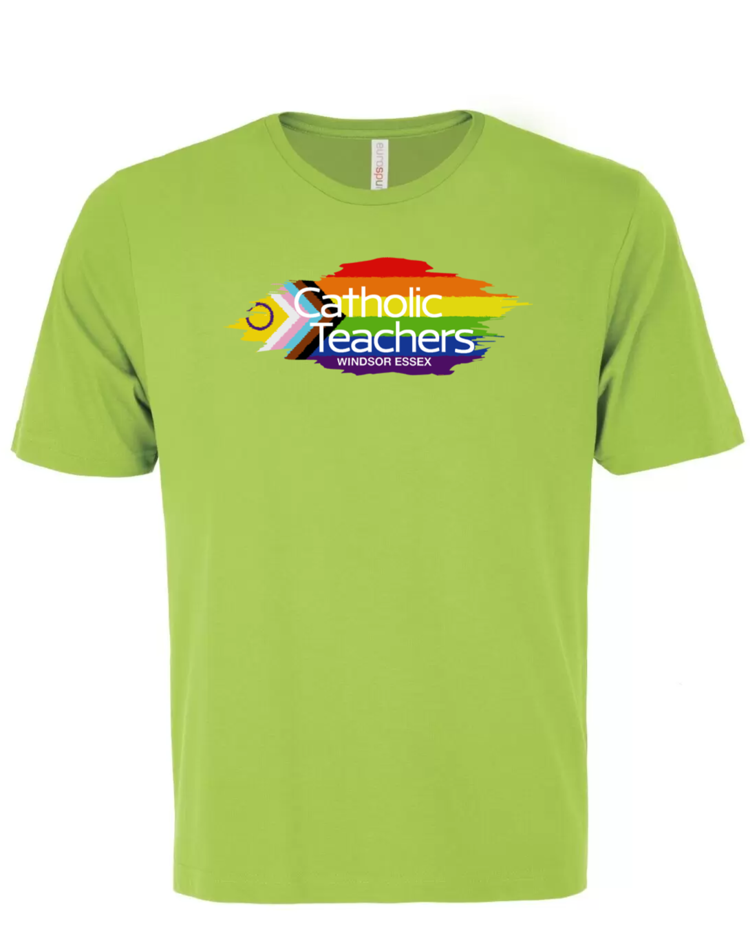 Lime green t-shirt with a colorful logo on a white background