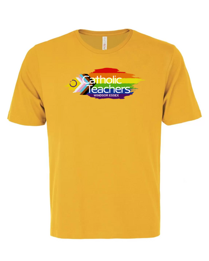 Yellow t-shirt with a colorful logo and text on a white background