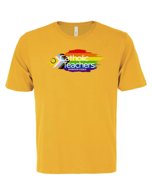 Yellow t-shirt with a colorful logo and text on a white background