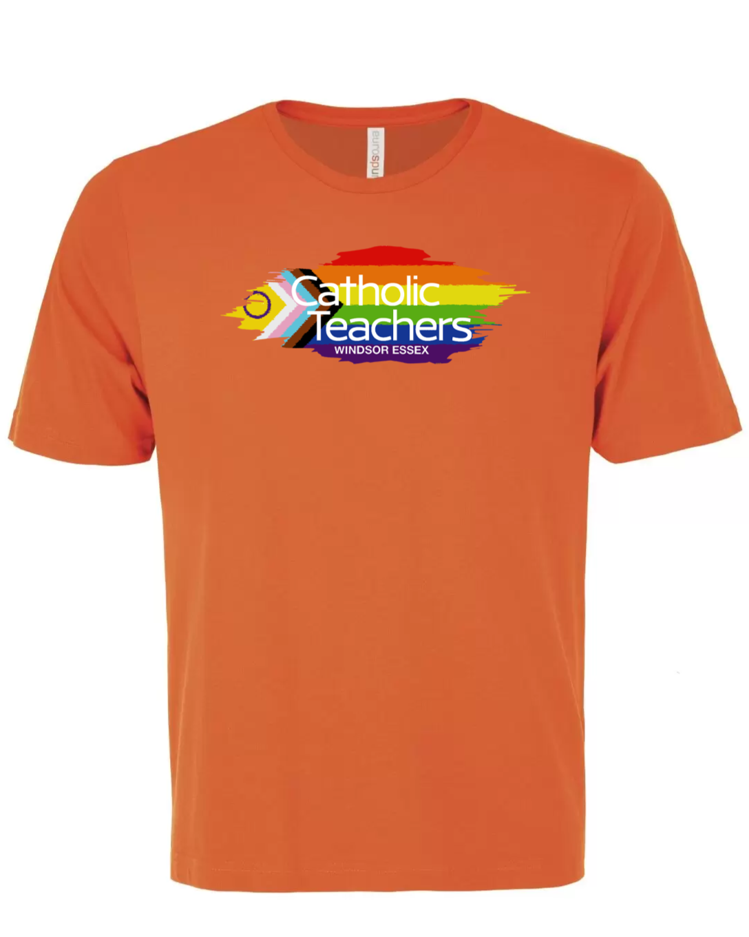 Orange t-shirt with a colorful logo and text on a white background