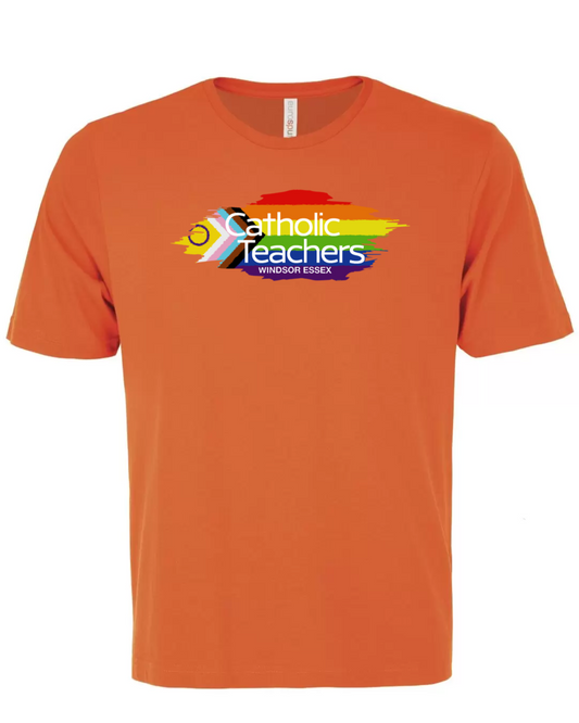 Orange t-shirt with a colorful logo and text on a white background