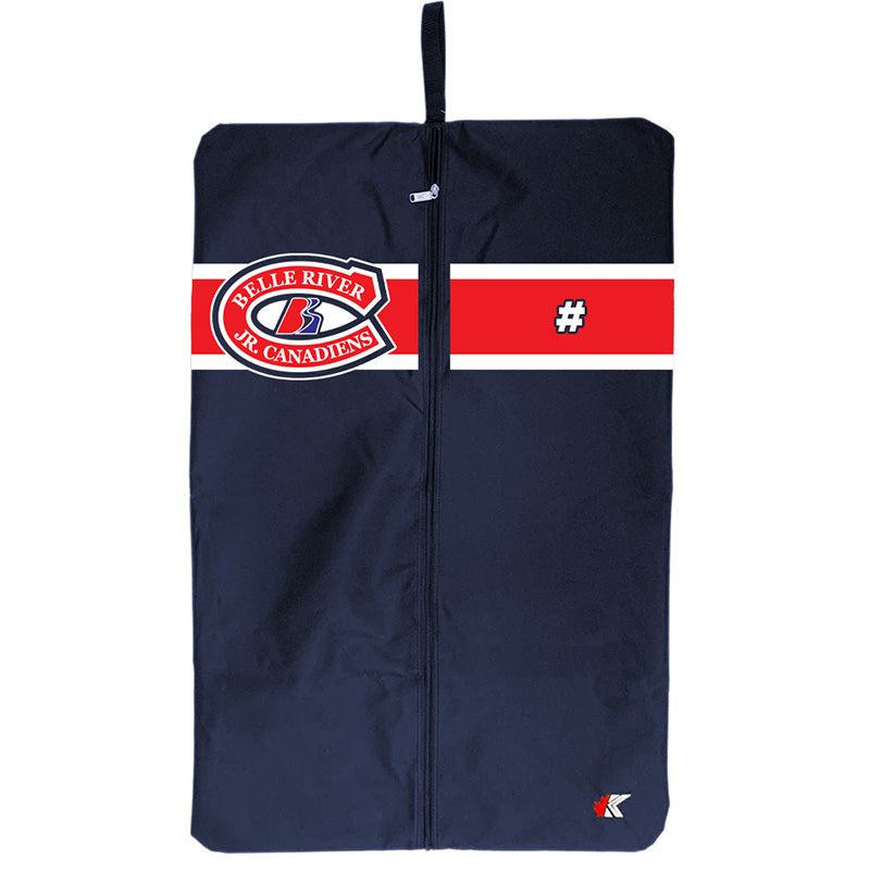 A navy blue garment or luggage cover with a front zipper, featuring a red and white horizontal stripe across the upper middle. The left side of the stripe displays the 'Belle River Ice Canadiens' logo, and the right side has a small white hockey mask graphic.