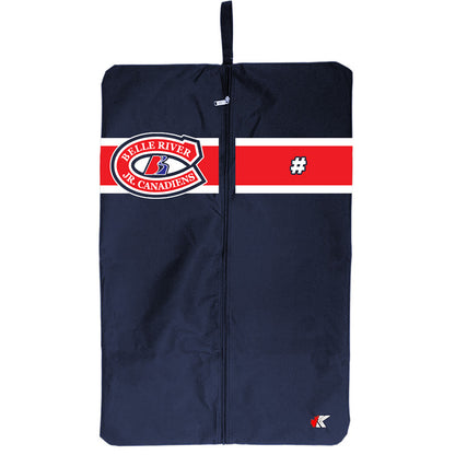 A navy blue garment or luggage cover with a front zipper, featuring a red and white horizontal stripe across the upper middle. The left side of the stripe displays the 'Belle River Ice Canadiens' logo, and the right side has a small white hockey mask graphic.