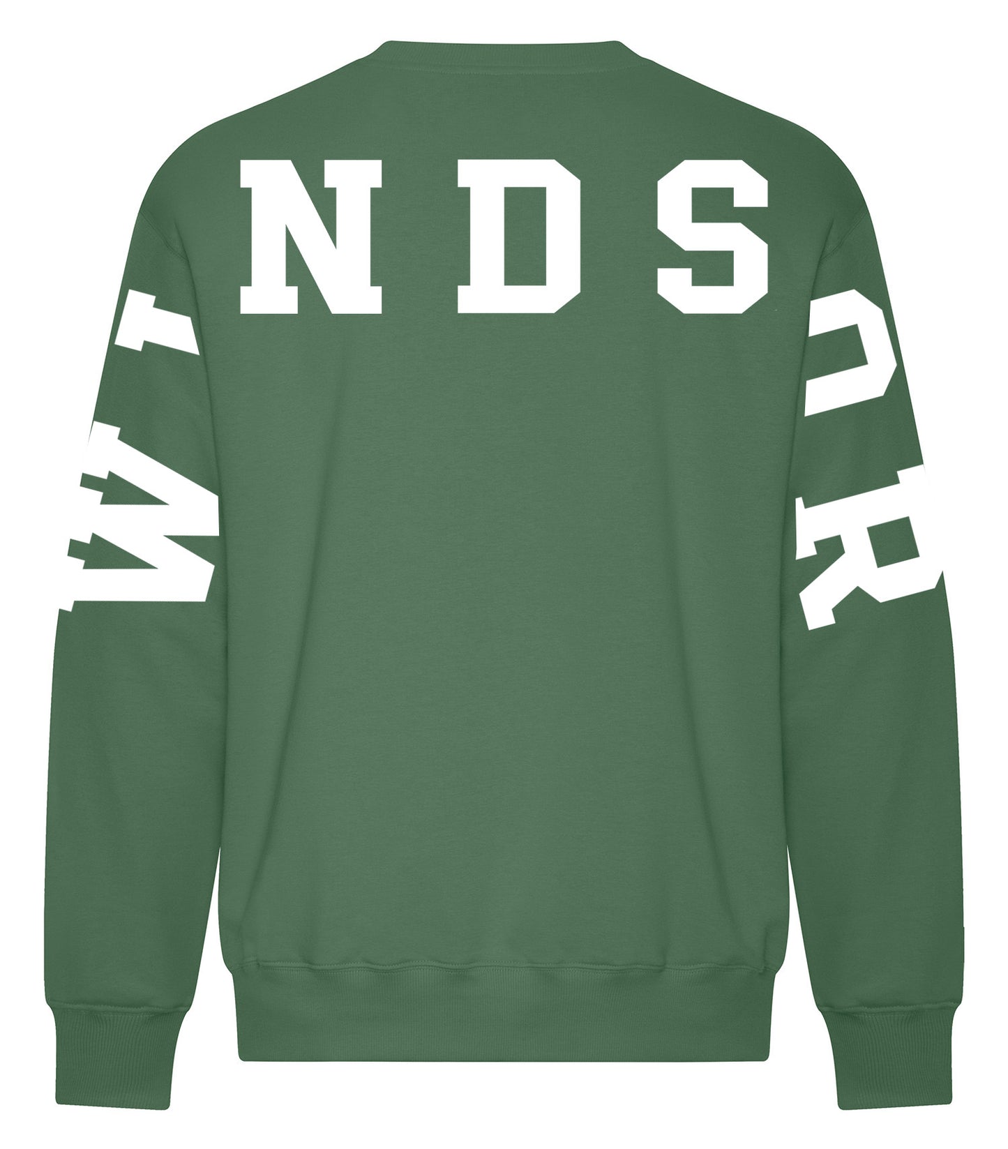 Green sweatshirt with white text on a white background