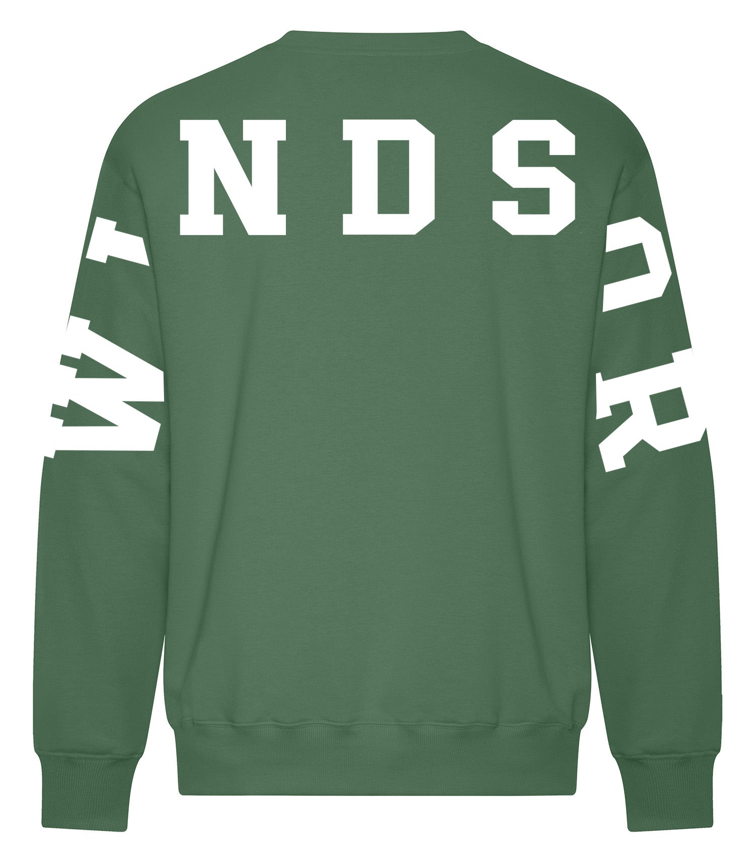 Green sweatshirt with white text on a white background