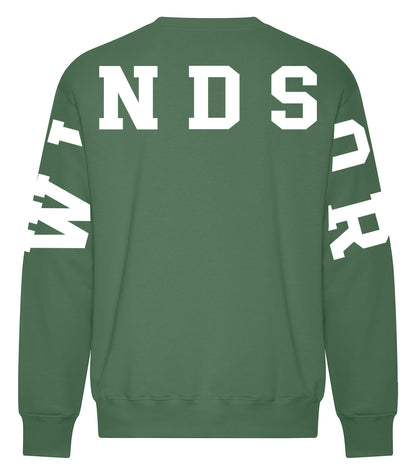 Green sweatshirt with white text on a white background