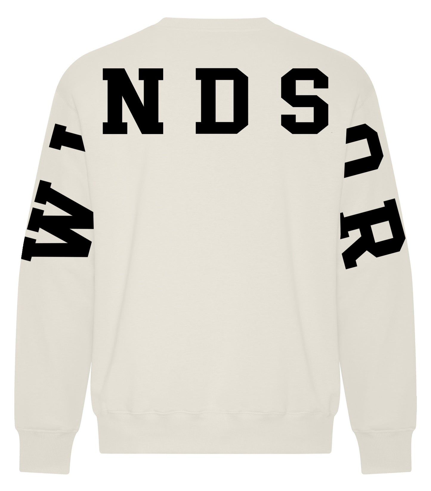 White sweatshirt with black text on a white background