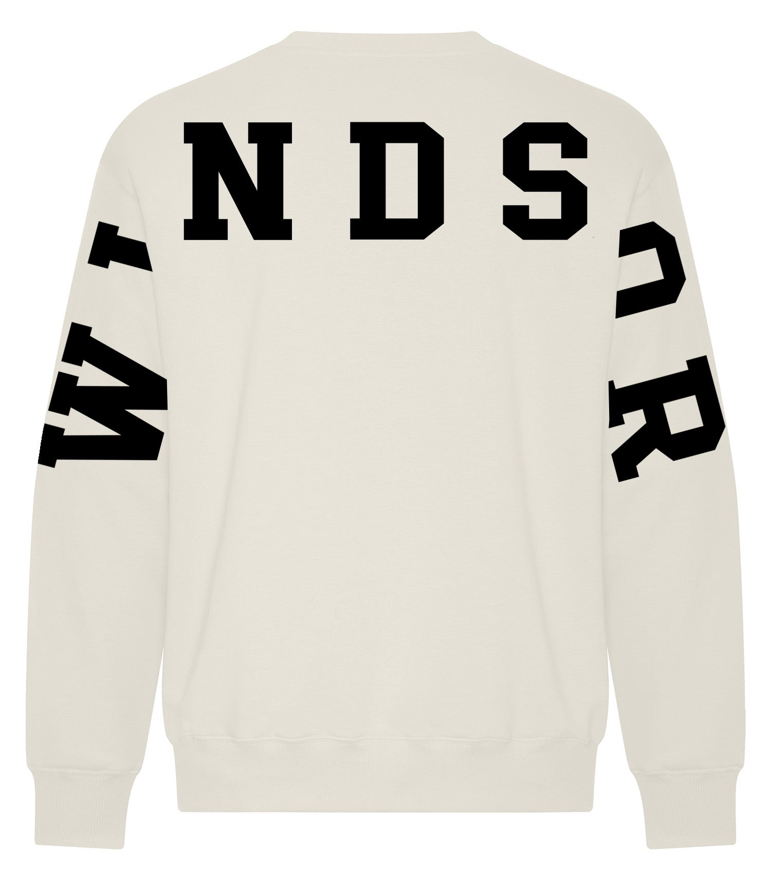 White sweatshirt with black text on a white background