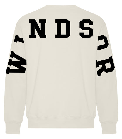 White sweatshirt with black text on a white background