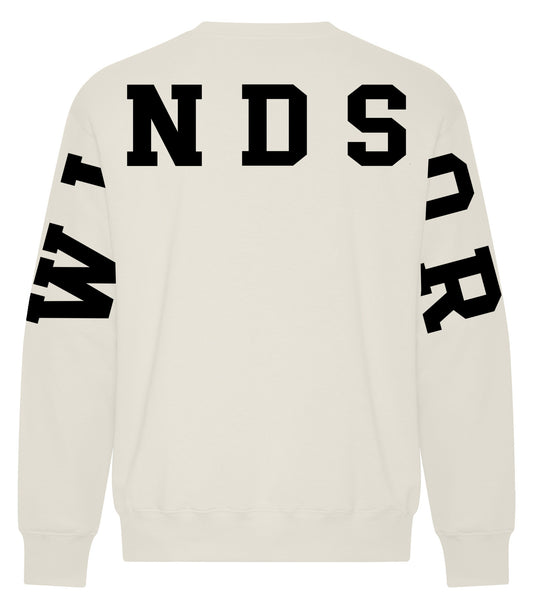 White sweatshirt with black text on a white background