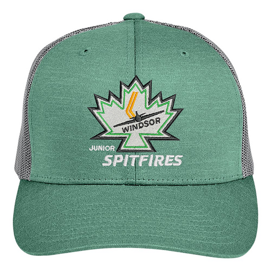A green trucker-style baseball cap with a mesh back, featuring a large embroidered Windsor Spitfires logo on the front.