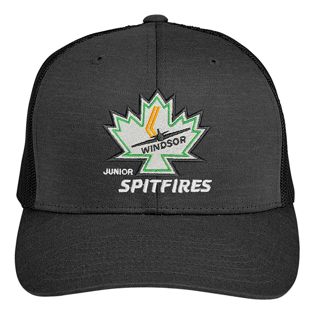 A black trucker-style cap with a mesh back, featuring a custom embroidered Windsor Spitfires logo on the front panel.