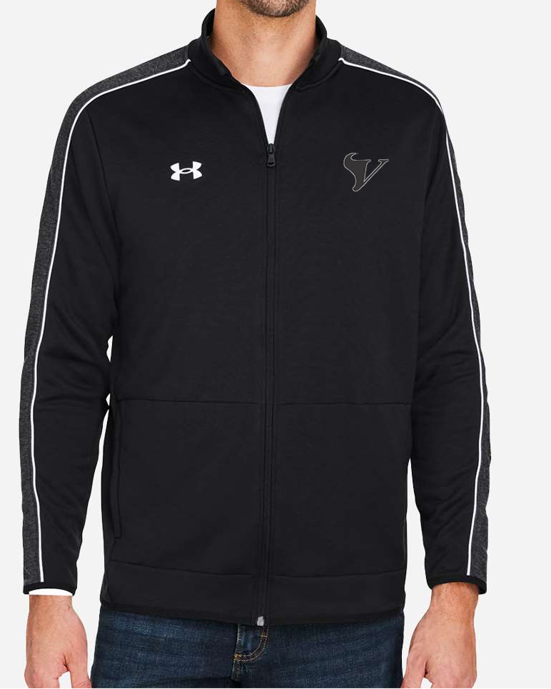 Man wearing a black Under Armour jacket with a logo on a white background